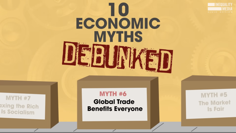 Cartoon box on a conveyer belt with the label "Global Trade Benefits Everyone"